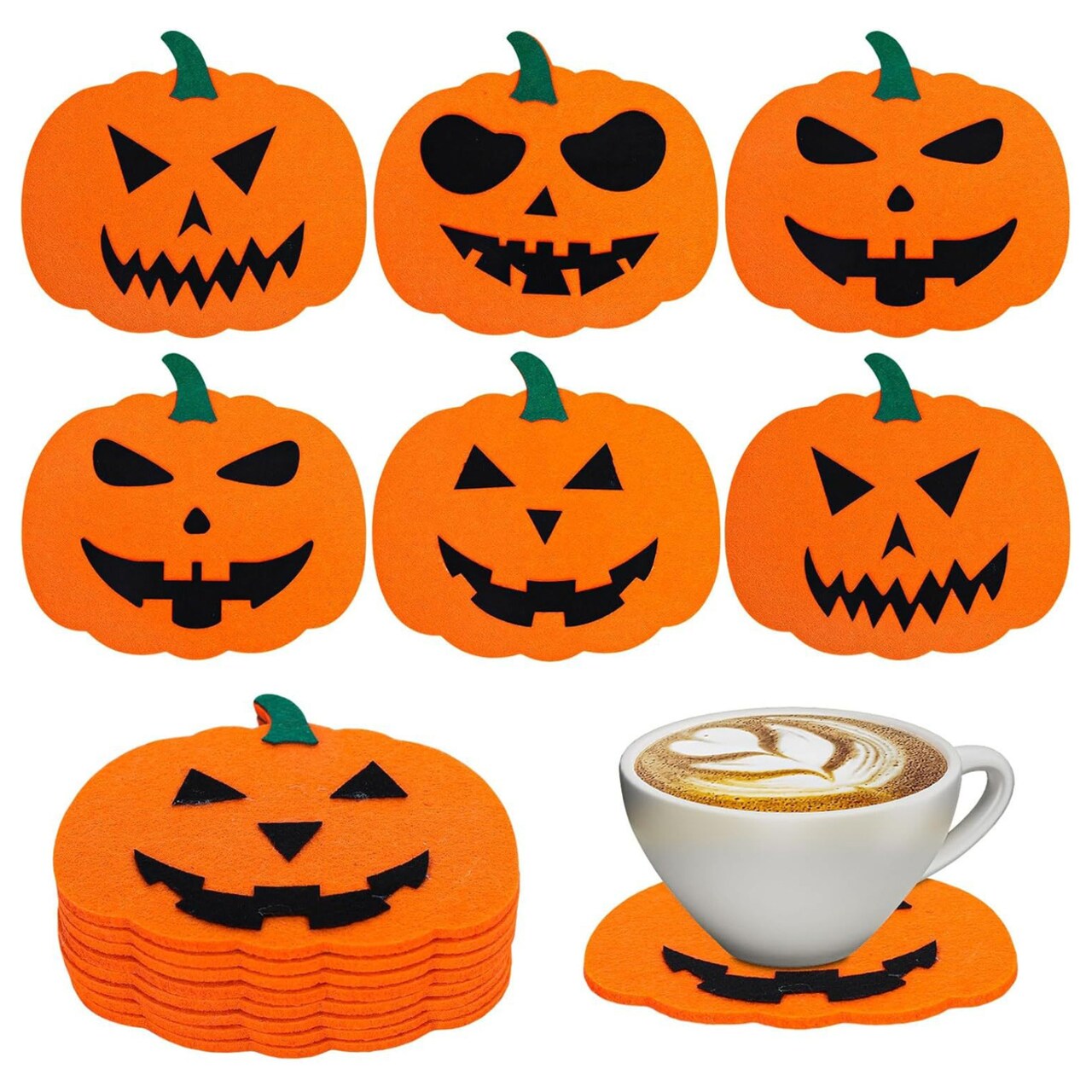 6Pcs Felt Pumpkin Coasters Halloween Drink Mats Non-Slip Heat Resistant Cup Pads For Home Kitchen Office Party Table